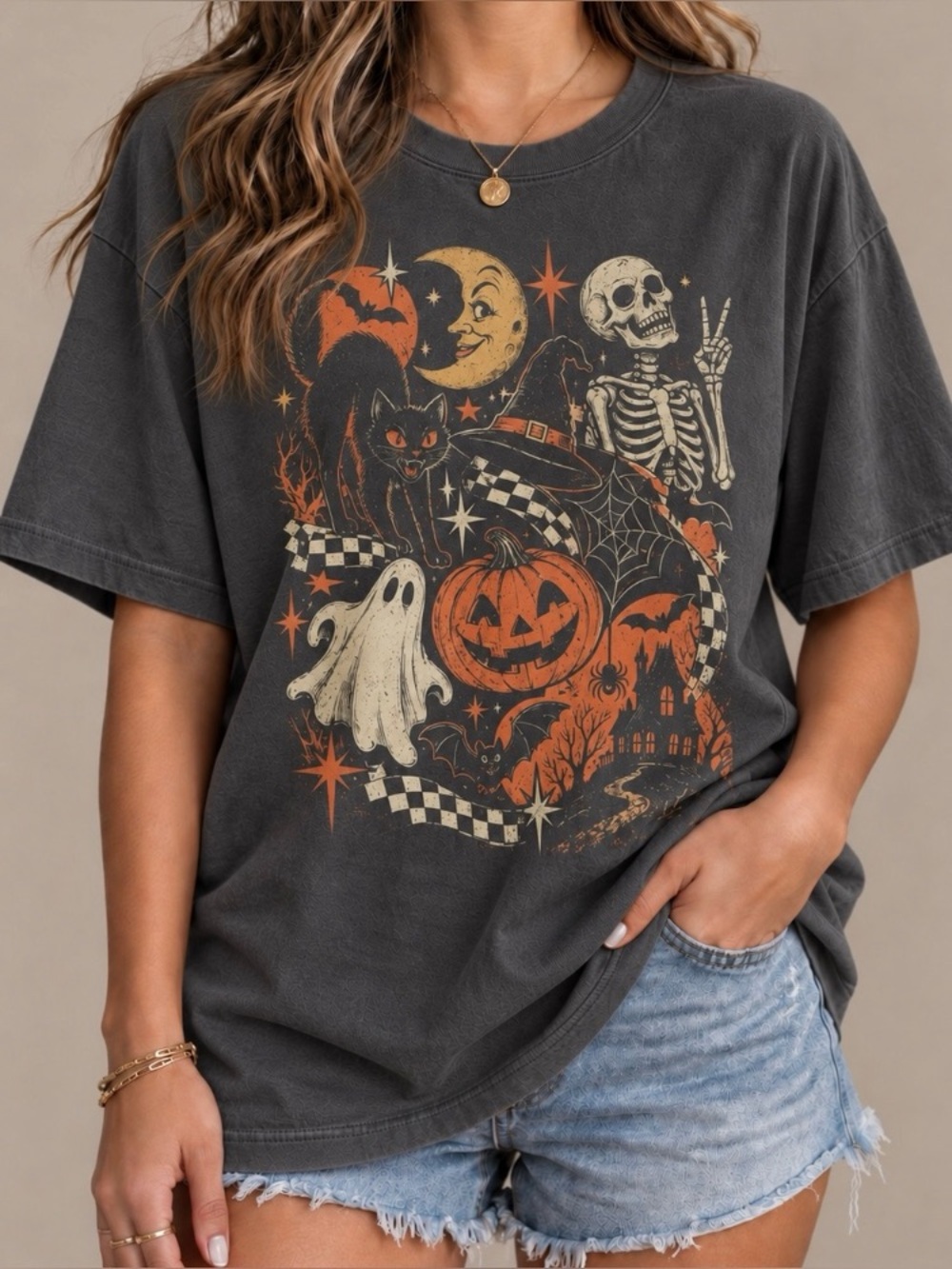 Skeleton Peace Black Cat Pumpkin Spooky Season Edgy Statement Womens Graphic Tee